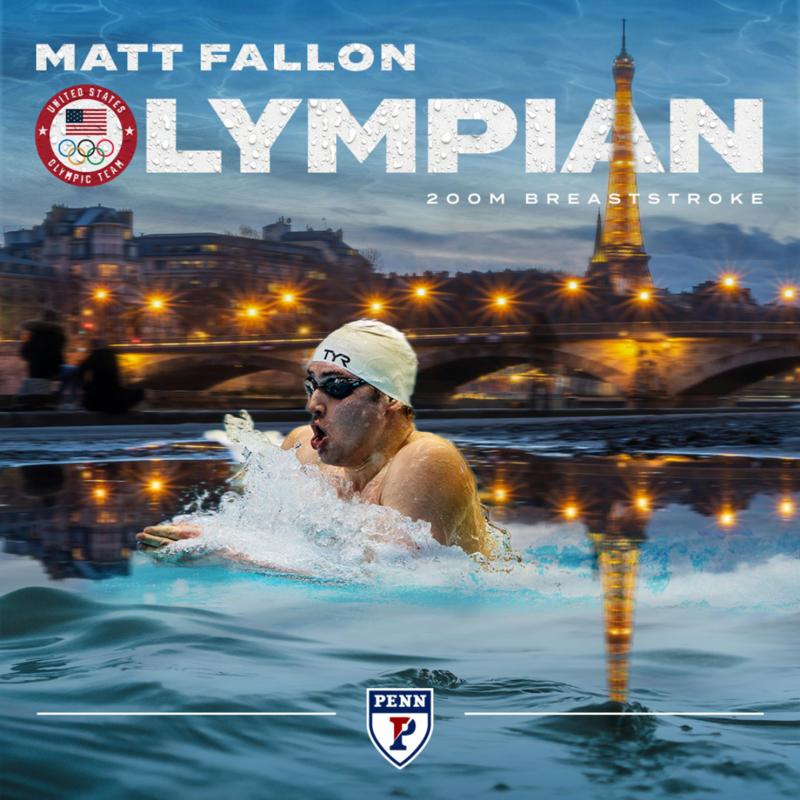 Penn Swimmer Matt Fallon photoshopped below the Eiffel Tower swimming under the words Olympian